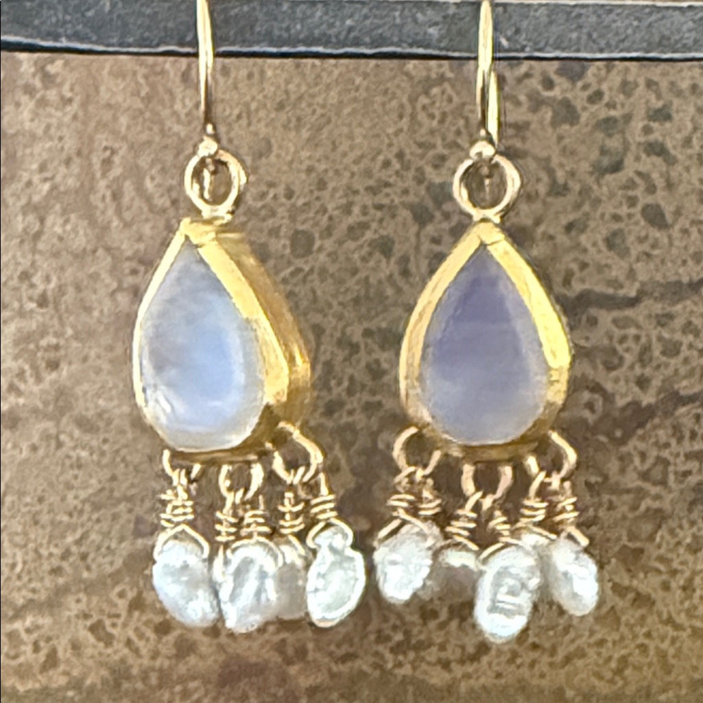 Nava Zahavi “Mystical Wisdom” Moonstone, Pearl Gold Earrings. New With Tags.